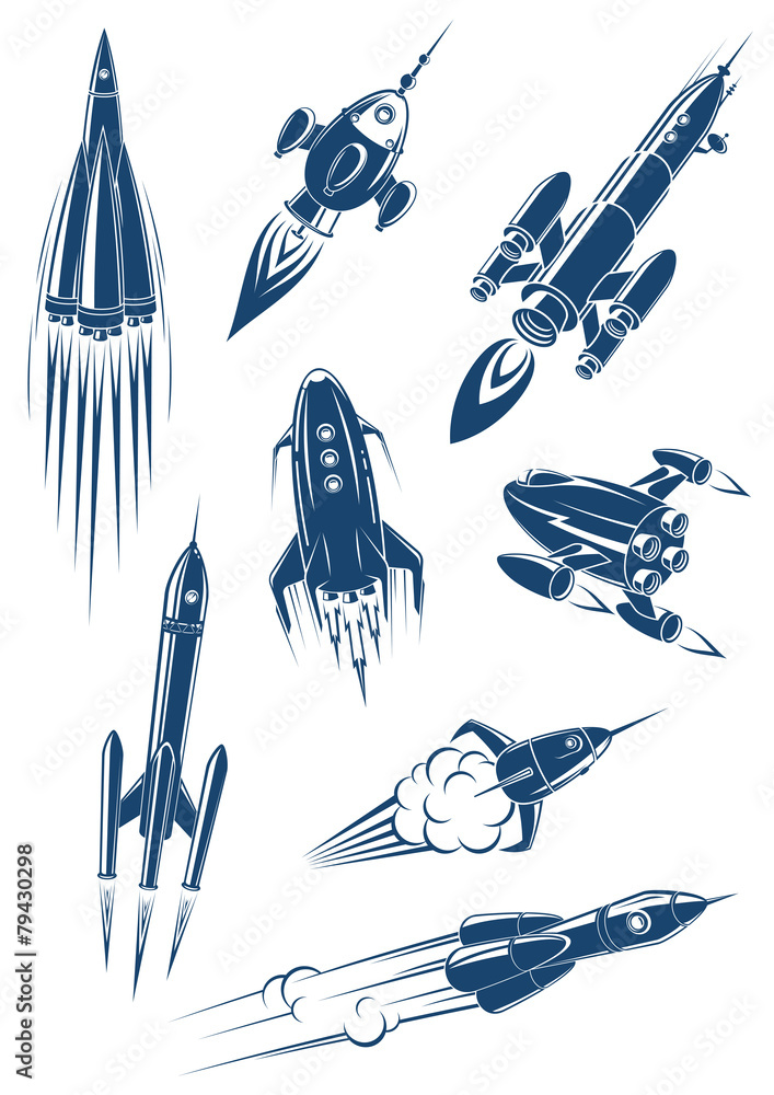 Poster cartoon spaceships and rockets in space