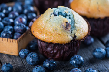 Blueberry muffins and fresh berries on wooden table