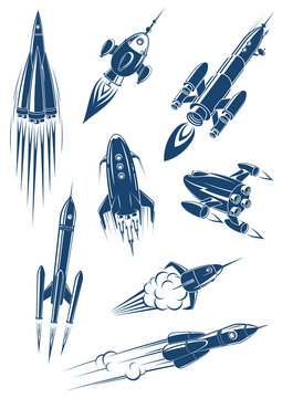 Cartoon spaceships and rockets in space