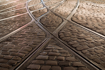rail crossing of tramway in Freiburg at night