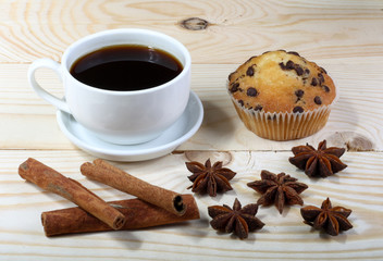 Obraz na płótnie Canvas Breakfast Coffee cup, cinnamon, anise and cake