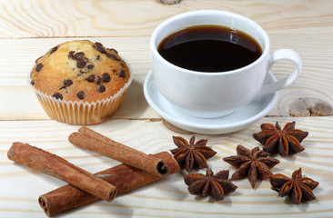 Breakfast Coffee cup, cinnamon, anise and cake