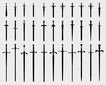 Black silhouettes of swords on a white background, vector