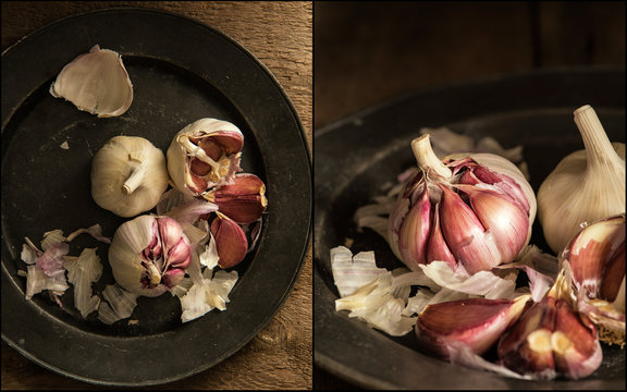Compilation of images of Fresh raw garlic in moody natural light