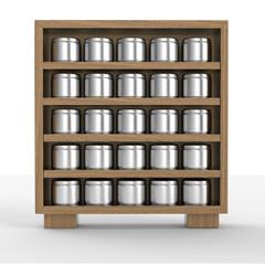 shelf with metal cans from front on white