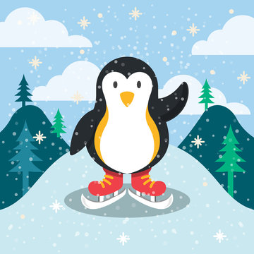 Penguin mascot and beautiful winter background