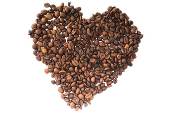 Coffee beans in a shape of hearth on white