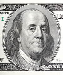 Portrait of Benjamin Franklin macro from 100 dollars bill.