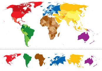 World map continents multicolored