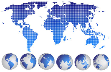 World map dotted with globes