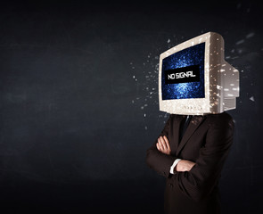 Man with a monitor head, no signal sign on the display
