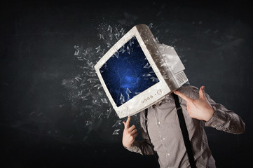 Computer monitor screen exploding on a young persons head
