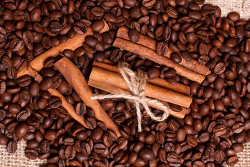 Roasted coffee beans and cinnamon