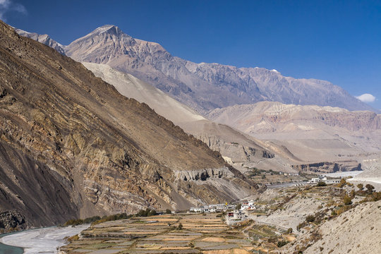 view of the Himalayas surrounded the village Kagbeni