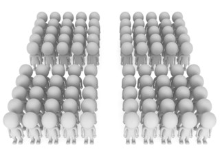 A large groups of people stand on white