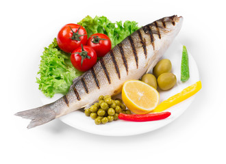 Grilled seabass on plate.