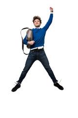 Fototapeta na wymiar Happy business man jumping with bag over white background