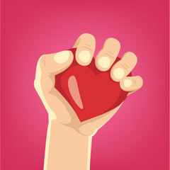 Cartoon hand holds heart. Vector illustration