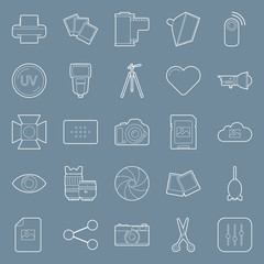 Photo equipment end editing thin lines icons set