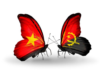 Two butterflies with flags of Vietnam and Angola
