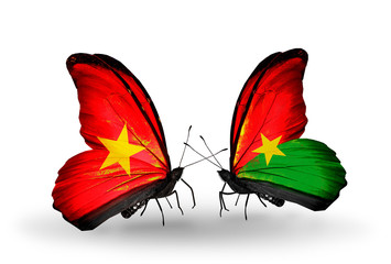 Two butterflies with flags Vietnam and Burkina Faso