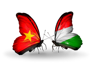 Two butterflies with flags Vietnam and Hungary