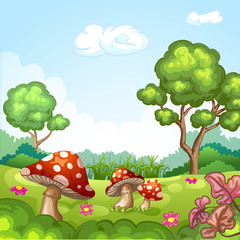 Beautiful  landscape with mushrooms and flowers.