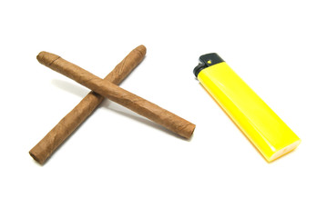 yellow lighter and two cigars