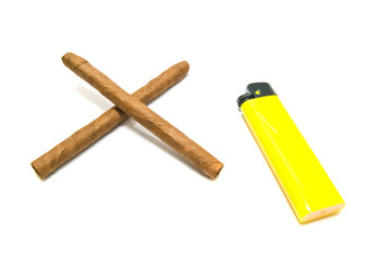 two cigars and yellow lighter