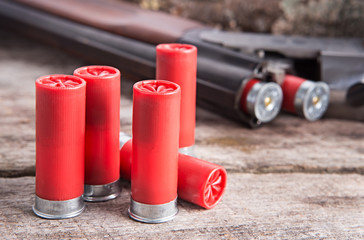 12 gauge shotgun shells with shotgun on wood surface