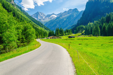 Beautiful alpine landscape with road and green meadows, Alps