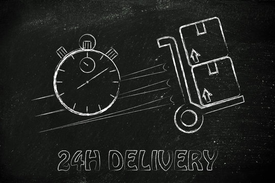 stopwatch and parcels, concept of fast 24H delivery