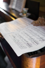 Vintage photo of old piano with notes.