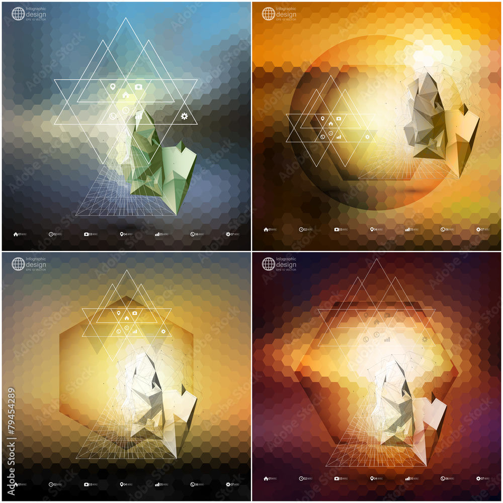 Poster abstract 3d pyramids, abstract hexagonal patterns. infographic