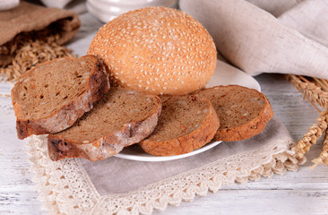 Tasty bread on table close-up
