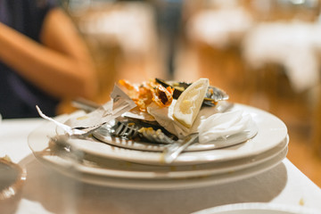 Dirty and empty tableware on the table.