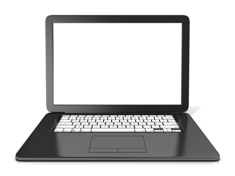 Black laptop with blank screen. 3D rendering isolated on white