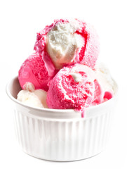 Strawberry  ice cream in a white bowl  isolated on white backgro