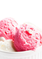 Strawberry  ice cream in a white bowl  isolated on white backgro