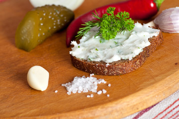 Lard spread on rye bread close up