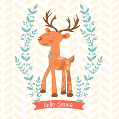 Hello spring concept card with deer
