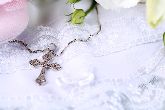 Baby Shoe, Flowers And Cross For Christening