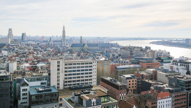Aerial view on the center of Antwerp and the Scheldt