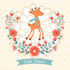 Hello spring concept card with deer