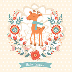 Hello spring concept card with deer