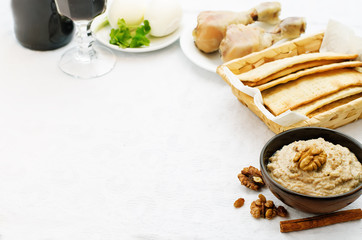 Matzah, wine, eggs, chicken, greens and haroset