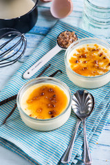 serving homemade creme brulee overhead