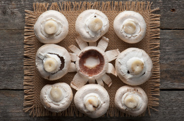Ingredients with fresh mushrooms on burlap background