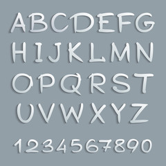 Handwritten alphabet with shadows and numbers. Vector