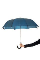 Business woman is holding blue umbrella.